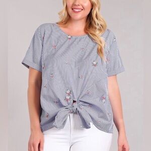 STRIPED AND FLORAL EMBROIDERY WAIST TIE TOP